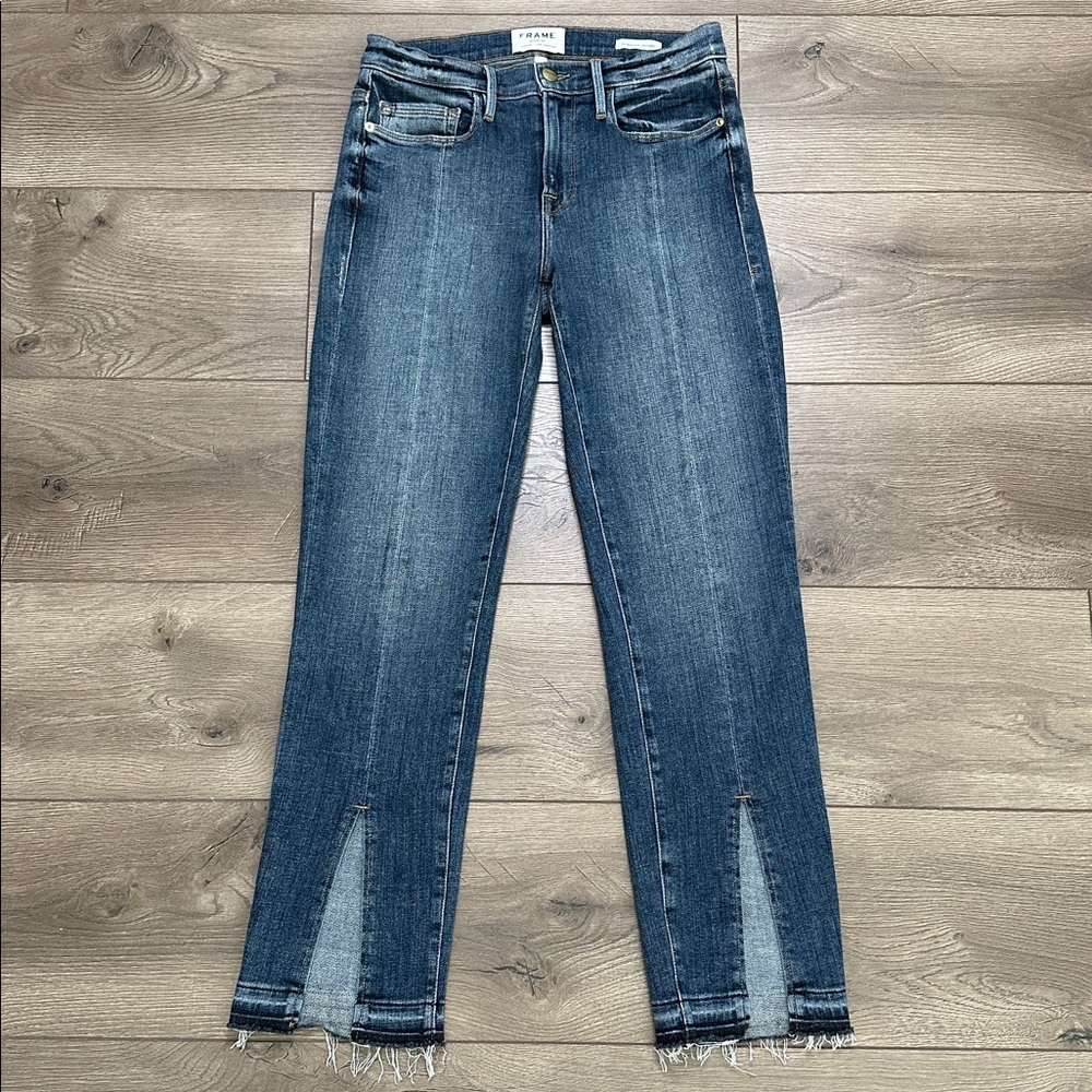 Frame Le Nouveau Straight Split Front Raw Hem Ankle Stretch Blue Jeans Size‎ 26